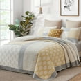 thumbnail image 2 of Bedduvit King Size Quilt Set, 100% Cotton Yellow Gray Floral Farmhouse Real-Patchwork Striped Plaid King Quilt Bedspread, Reversible Lightweight Summer Comforter Bedding Set, 3-Piece(98"x106", Yellow), 2 of 10