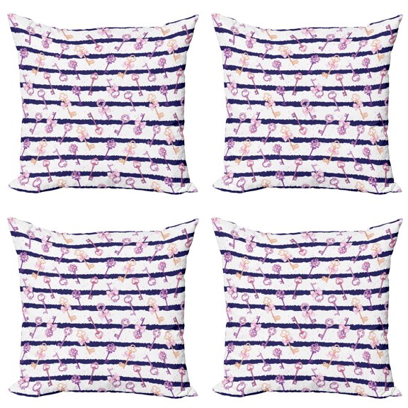 Ambesonne Retro Throw Pillow Cover 4 Pack, Vintage Keys and Ribbon, 24", Purple Blue