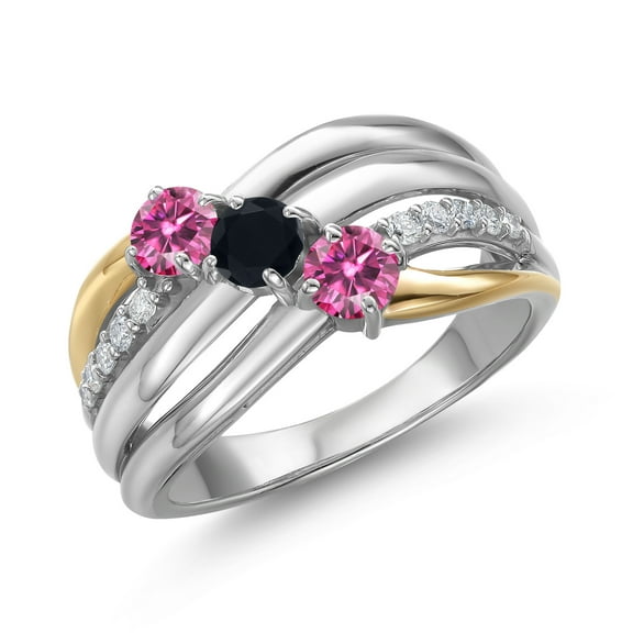 Gem Stone King 925 Silver and 10K Yellow Gold Pink Moissanite and Black Onyx and Lab Grown Diamond Engagement Ring for Women | 0.83 Cttw | Round 4MM | Birthstone | Size 9