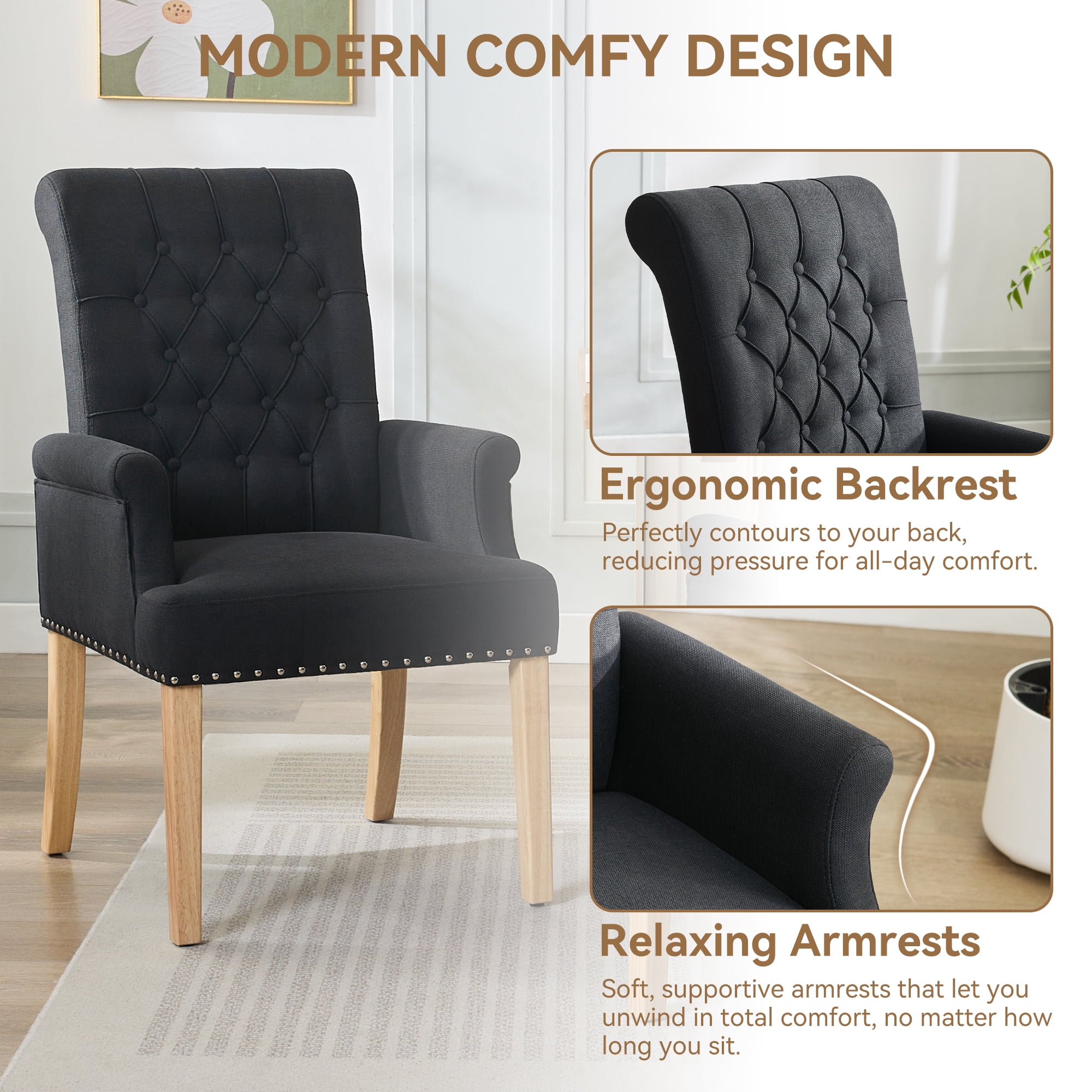 Fabric Upholstered Dining Chair with Arms, Tufted High Back Accent Coffee Armchair for Kitchen Dining Room Living Room, Black