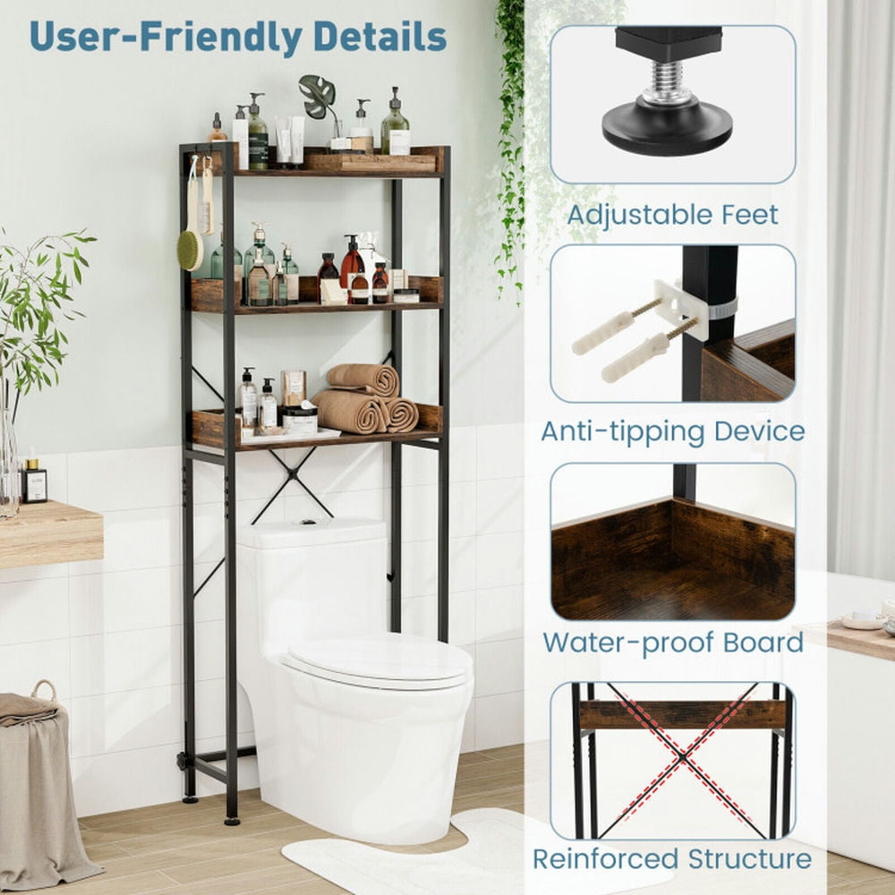 Finihen Toilet Storage Rack, Toilet Storage Shelf, Over The Toilet Storage Rack with Hooks and Adjustable Bottom Bar, for Bathroom, Rustic Brown