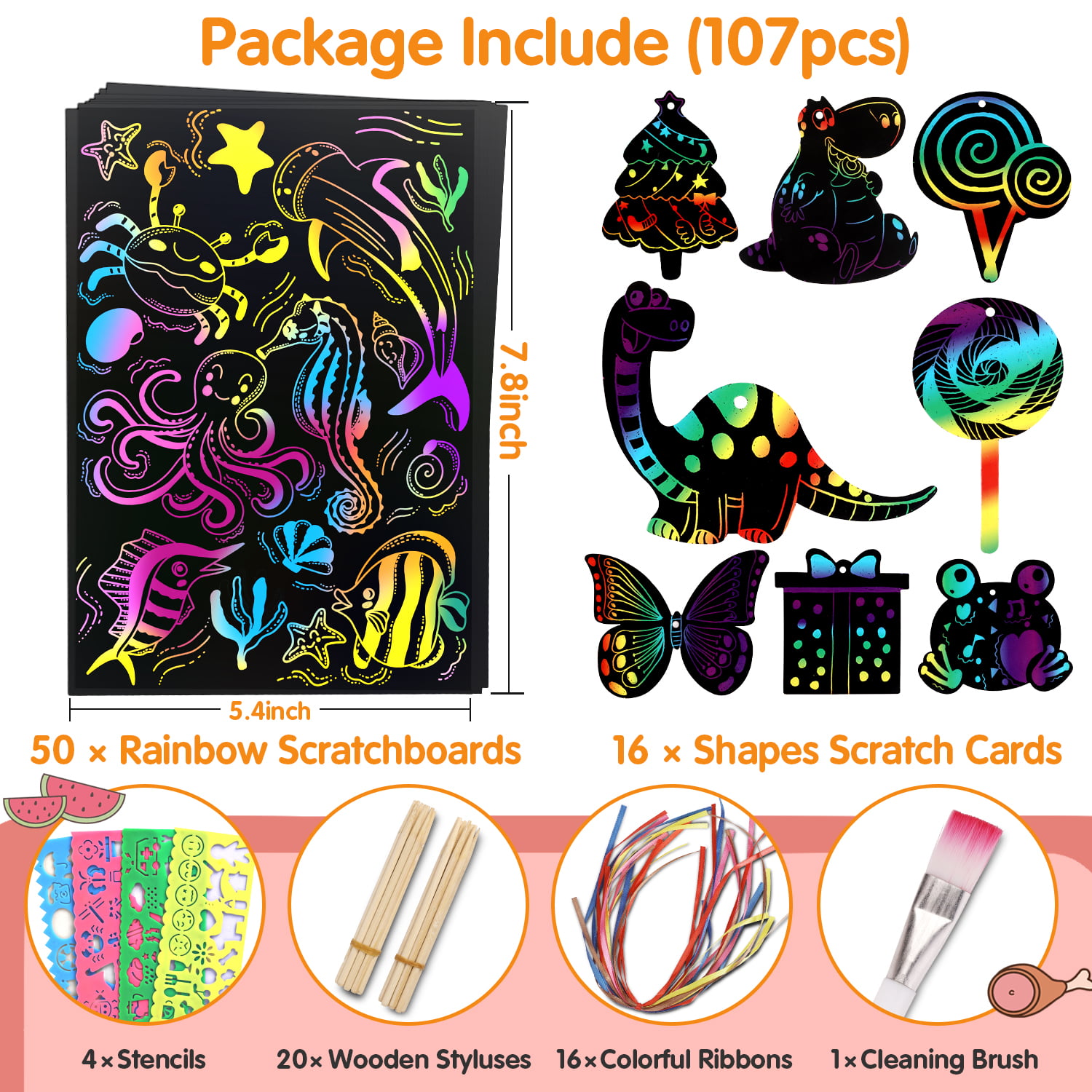 107 Pcs Rainbow Magic Scratch Off Arts and ZMLM Scratch Paper Art Set for Kids 