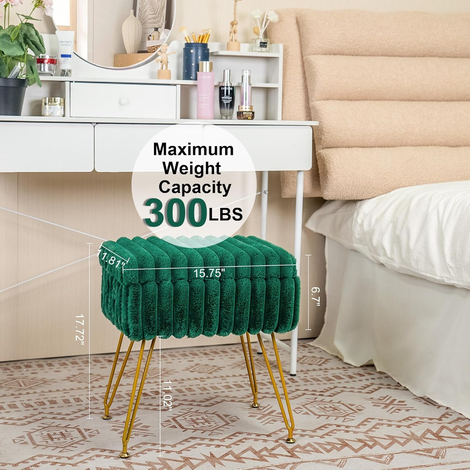 Faux Fur Green Vanity Stool Chair with Storage Ottoman, Vanity