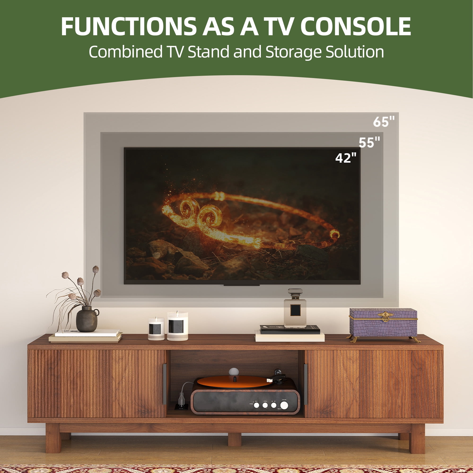 Uforic Fluted TV Stand for 65" TVs, Modern Living Room Media Console with Adjustable Shelf & Power Outlets, Walnut