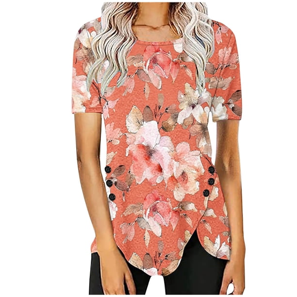 Blusas de Manga Corta para las Mujeres Botón Impreso Cuello Redondo Top Casual, Blusas para las Mujeres Casual