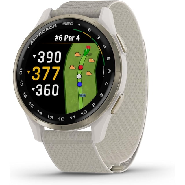 Garmin Approach S50, Advanced Golf GPS Smartwatch, AMOLED Display, On-Course Features, Wrist-Based Heart Rate, Cream Gold Aluminum Bezel with Ivory ComfortFit Nylon Band