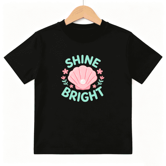 Shine Bright Shell Pearl Girls Graphic Tee, Cute Ocean Summer 100% Cotton Kids Short Sleeve T-Shirt 4-13Y
