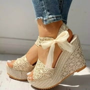Mikilon Femmes Solid Summer Ladies Bandage Sandals Slope Heel Casual Beach Shoes