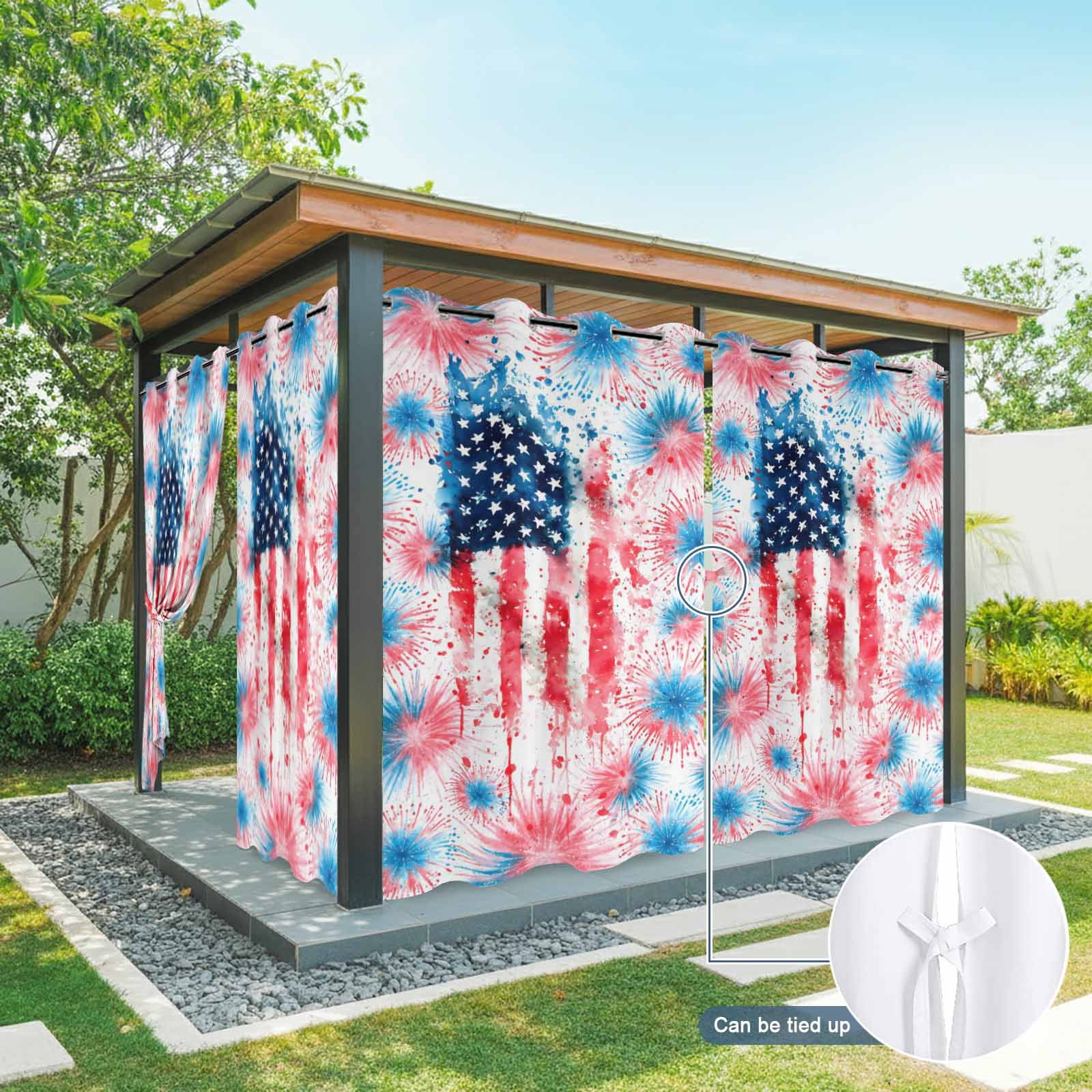 Independence Day Firework Outdoor Curtains for Patio, Abstract American Flag Red Blue Star Sunshade Privacy Drapes Grommet Waterproof Outside Curtains for Porch/Cabana/Balcony 54"x 108", 1 Panel