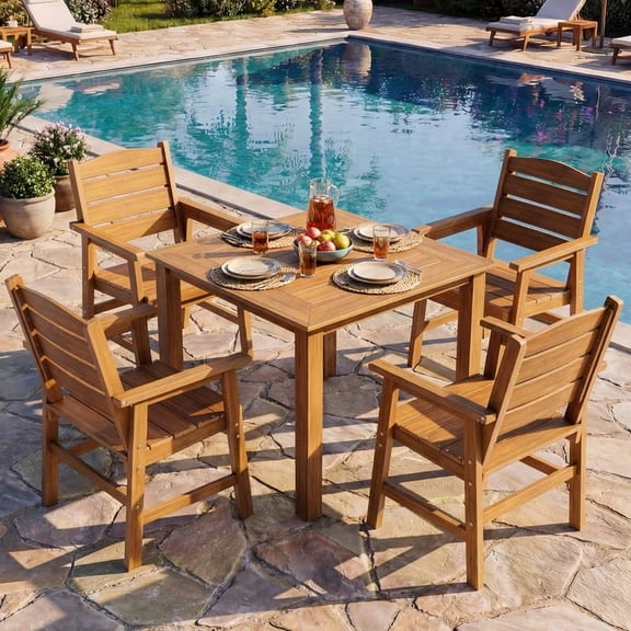 WINSOON 5-Piece HIPS All Weather Outdoor Patio Dining Sets, 1-Table 4-Chairs, Sturdy Frame & Easy to Install for Family Use,Teak