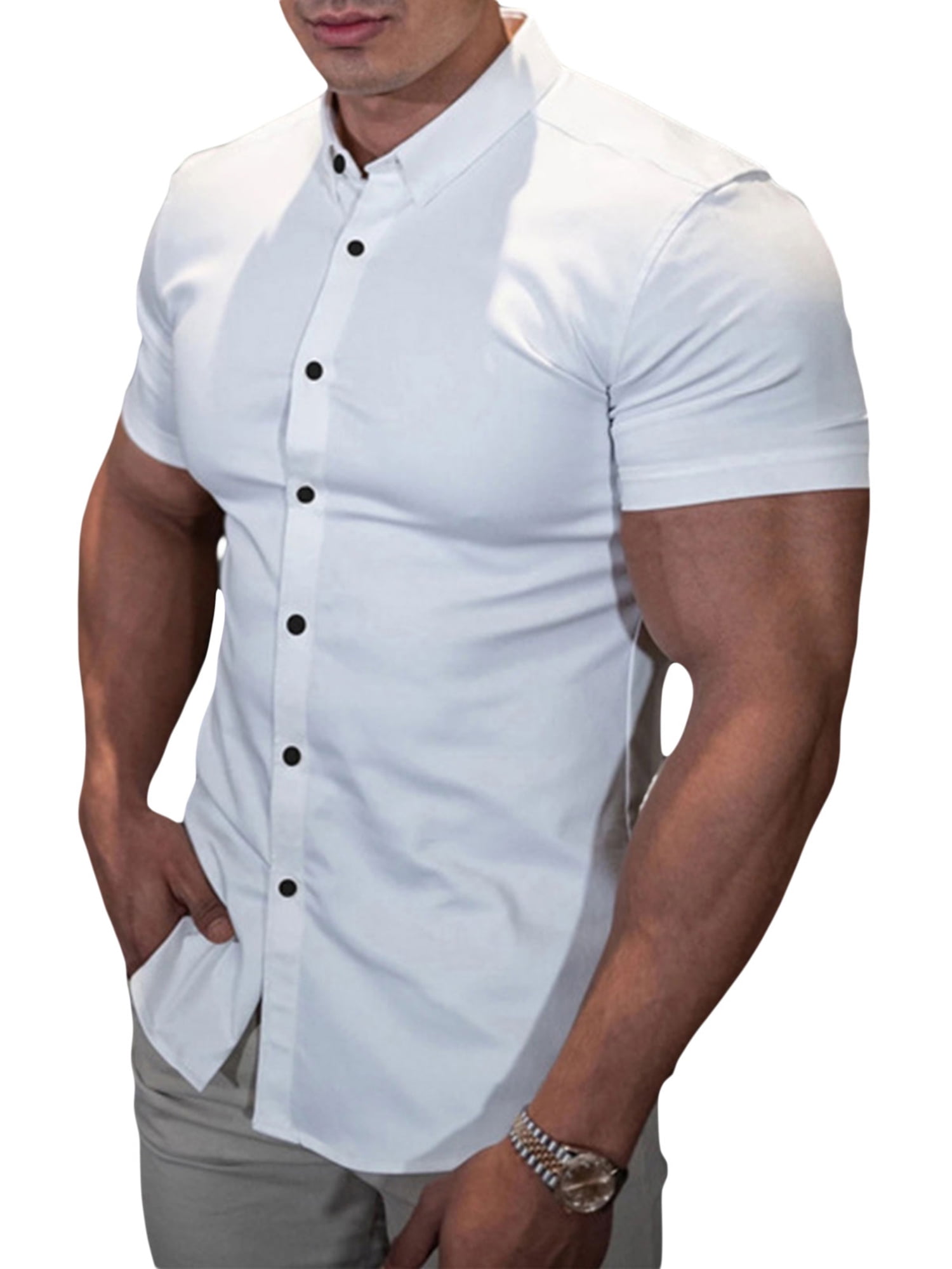 Men's Muscle Dress Shirts Slim Fit Stretch Short Sleeve Casual Button Down  Shirts