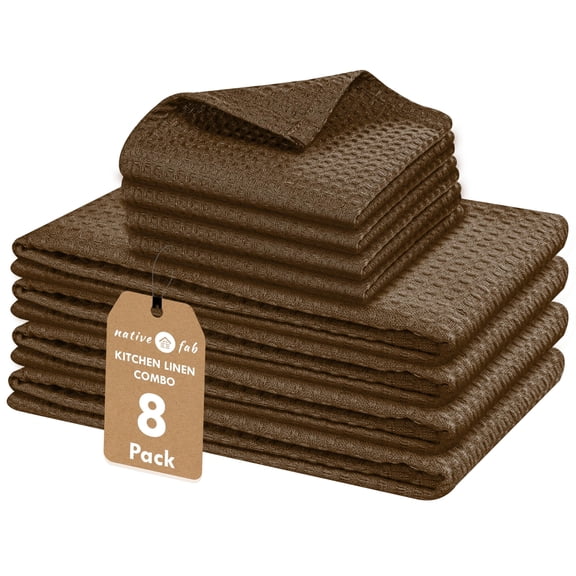Native Fab Cotton Dish Towel & Dishcloths 8 Piece Set - Soft, Absorbent, Durable, Washable, Fast Drying Towels for Cleaning, Cooking, Baking - Ideal for Home, Kitchen, BBQ & Outdoor Use - Brown