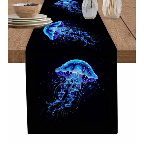 Ldtrchee Blue Jellyfish Table Runner 72 Inches, Ocean Nautical Coastal Black Bed Runner Dresser Scarves Tabletop for Indoor Outdoor Parties/Ceremony/Banquet, 14" x 72"