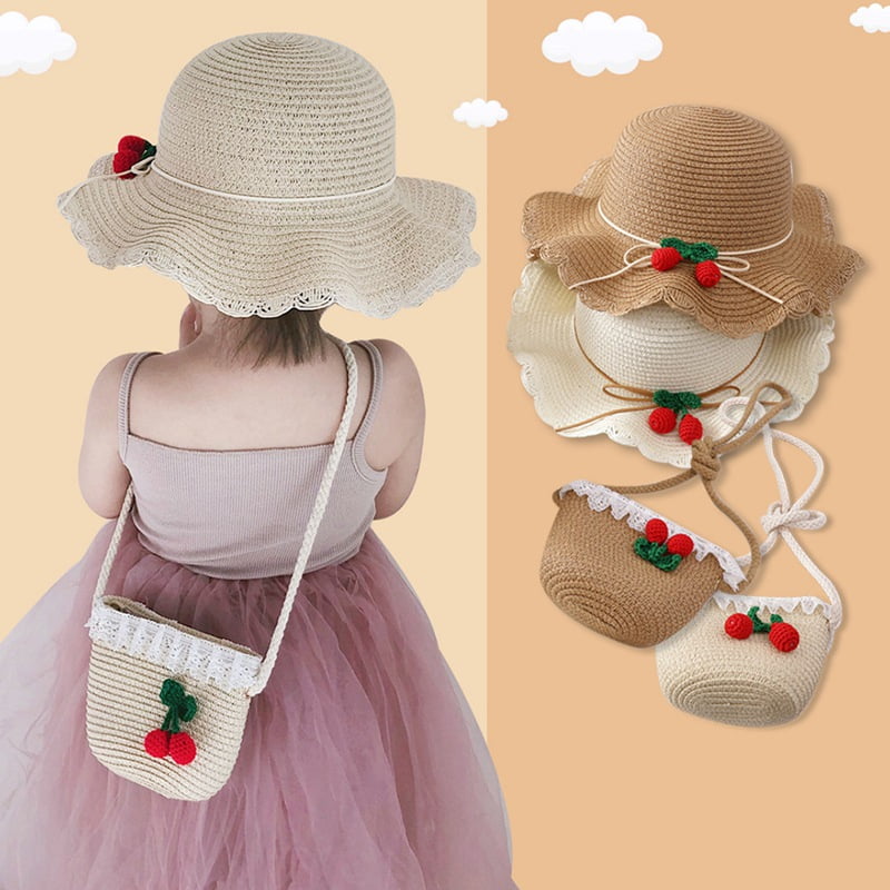 2pcs Summer Sun Hat Girls Kids Straw Cap Beach Hats Flower Decor+Handbag Set