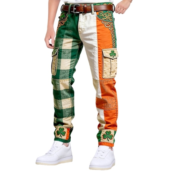 CONZONE St. Patrick's Day Mens Baggy Cargo Shorts Green Clover Graphic Buttons Cargo Pants for Men Lightweight Relaxed Fit Streetwear Workout Trousers With Pockets