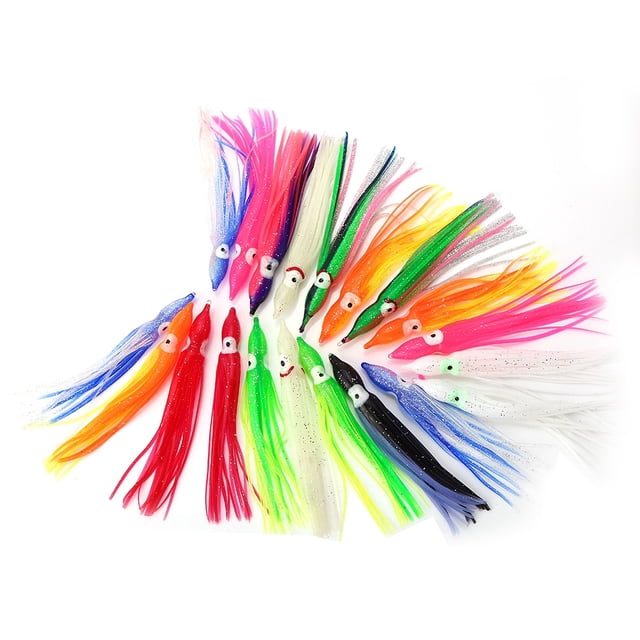 20 cebos de pesca blandos de agua salada, 12 cm de longitud, señuelos de falda de calamar de colores surtidos de alto rendimiento