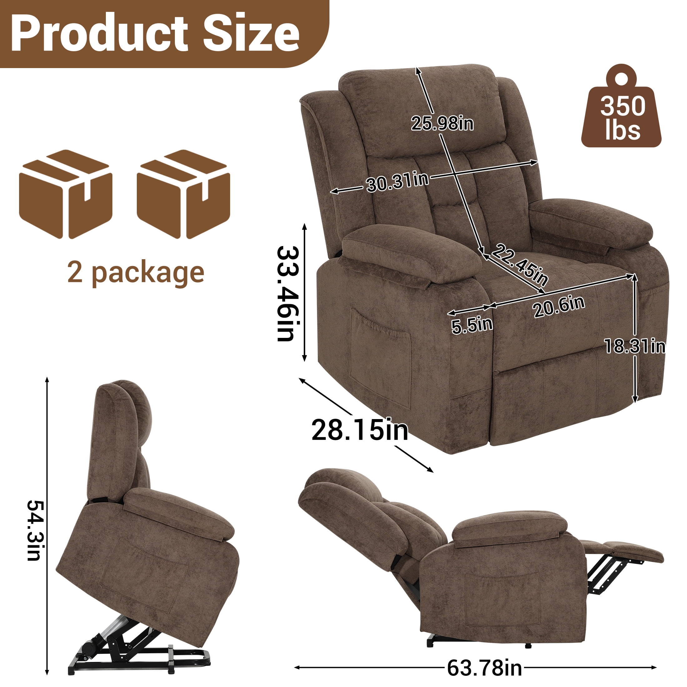 HSUNNS Power Lift Recliner Chair for Elderly, Overstuffed Wide Recliners for Adults, Heavy Duty Recliner Sofa and Safety Motion Reclining Mechanism, 45°-135° Recline, 350lb Capacity, Brown