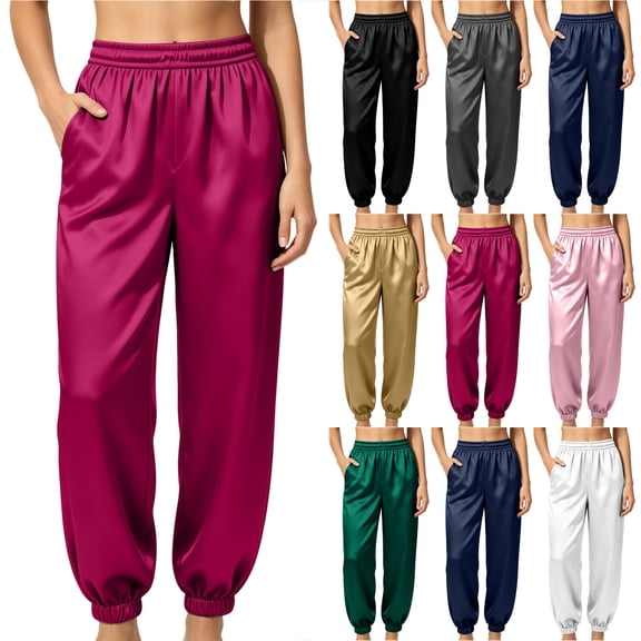 Bloomae Womens Satin Harem Lounge Pants Casual Baggy Barrel Leg Pajama Sleep Pants Elastic High Waist Loose Workout Track Pj Bottoms with Pockets