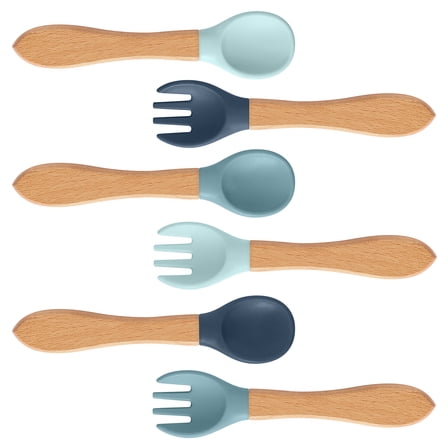 2ooya Toddler Utensils Set Silicone Spoons Forks with Wooden Handle Safe Tableware for Baby Mealtimes, 6Pcs