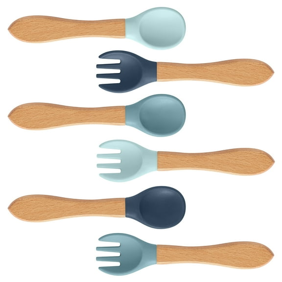 2ooya Toddler Utensils Set Silicone Spoons Forks with Wooden Handle Safe Tableware for Baby Mealtimes, 6Pcs