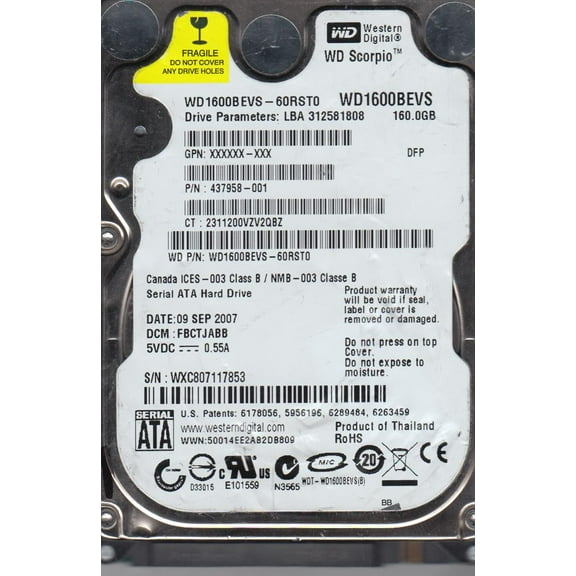 WD1600BEVS-60RST0, DCM FBCTJABB, Western Digital 160GB SATA 2.5 Hard Drive