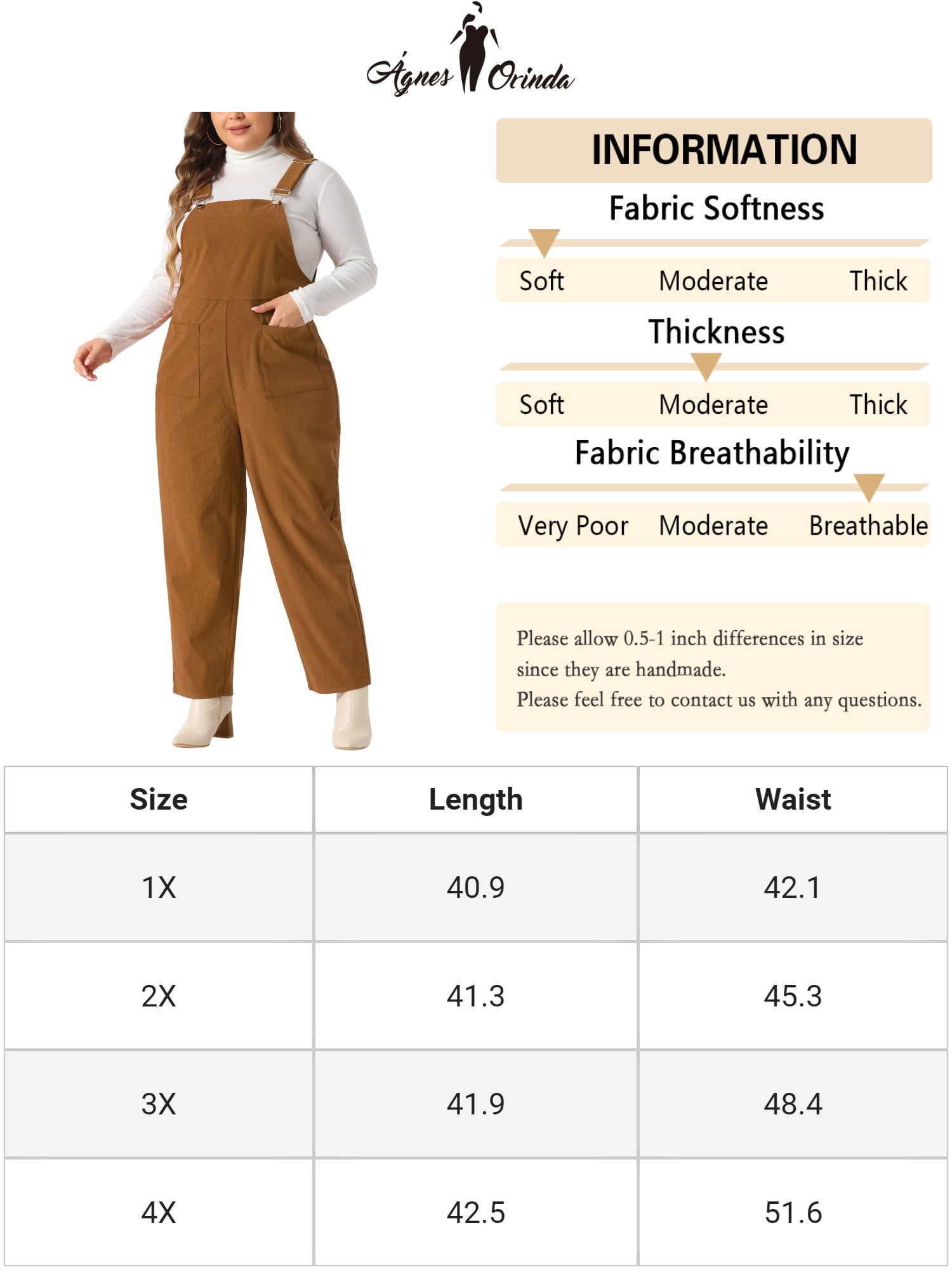 DARING DIVA Women's Plus Corduroy Overalls Casual Jumpsuit with Pockets 2X Caramel