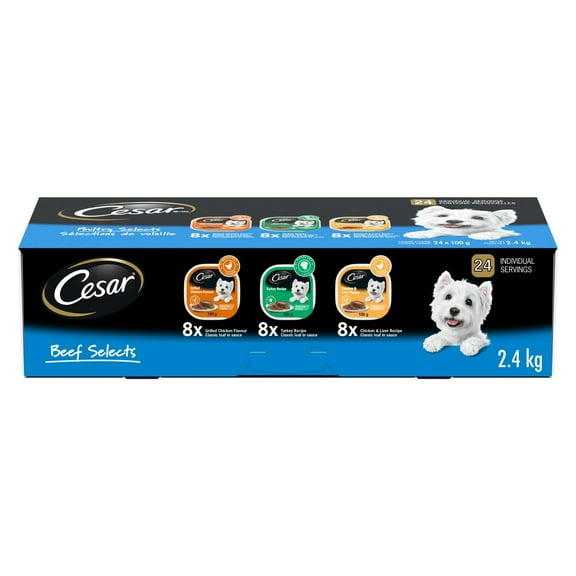 CESAR Classic Loaf in Sauce Wet Dog Food Poultry Selects Variety, 8 Grilled Chicken Flavour, 8 Turkey Recipe & 8 Chicken & Liver Recipe, trays 100g