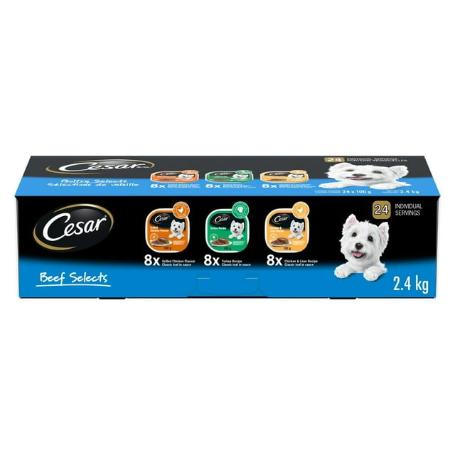 CESAR Classic Loaf in Sauce Wet Dog Food Poultry Selects Variety, 8 Grilled Chicken Flavour, 8 Turkey Recipe & 8 Chicken & Liver Recipe, trays 100g