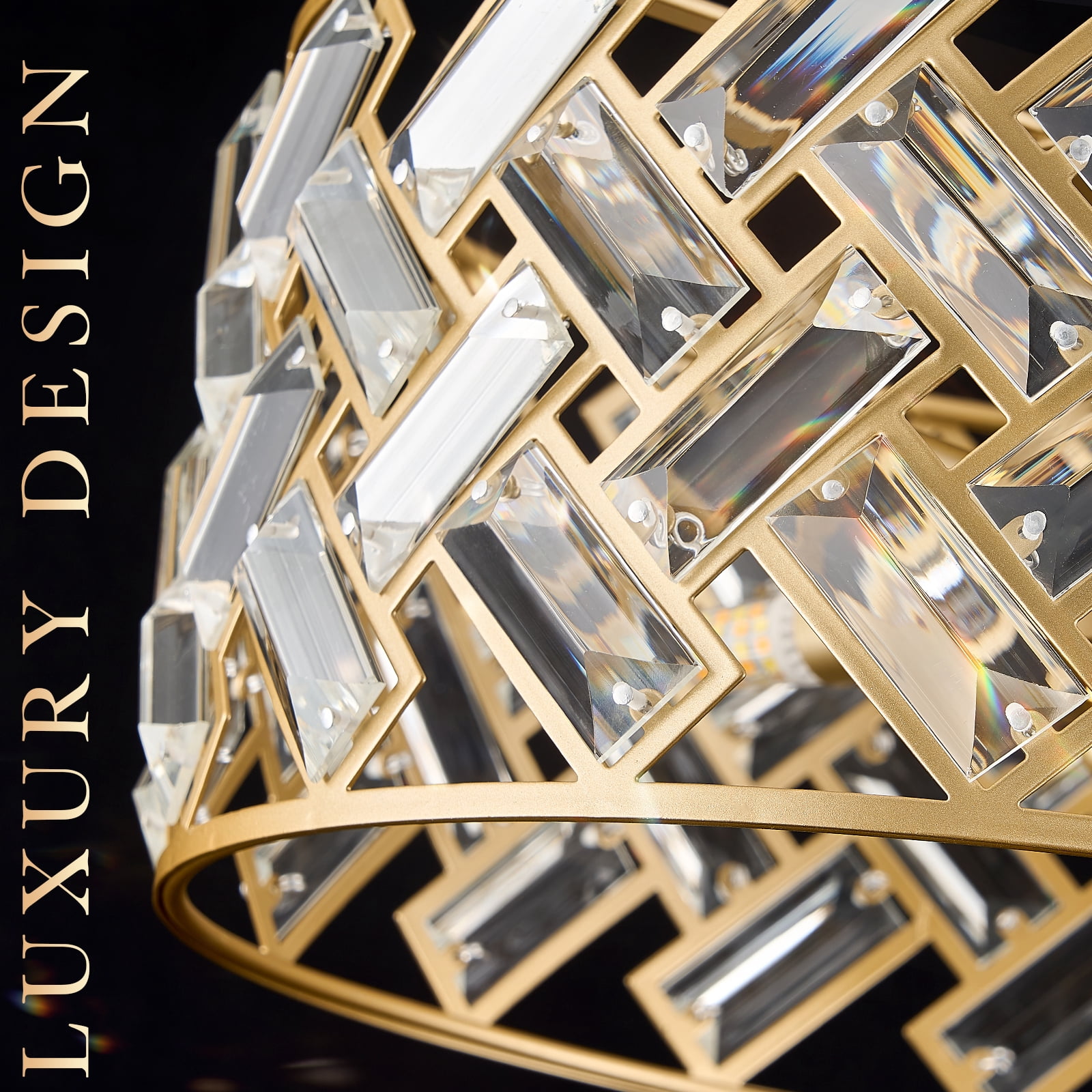 Modern Gold Crystal Chandeliers, Small Semi Flush Mount Chandelier 4-Ligh 12'' Drum Crystal Pendant Light Fixture for Foyer Entryway Kitchen Hallway Dining Room