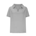 thumbnail image 6 of Olyvenn Lapel Collar V Neck T-Shirts for Women Short Sleeve Basic Blouse 2025 Summer Loose Fit Casual Tunic Tops Gray M, 6 of 6