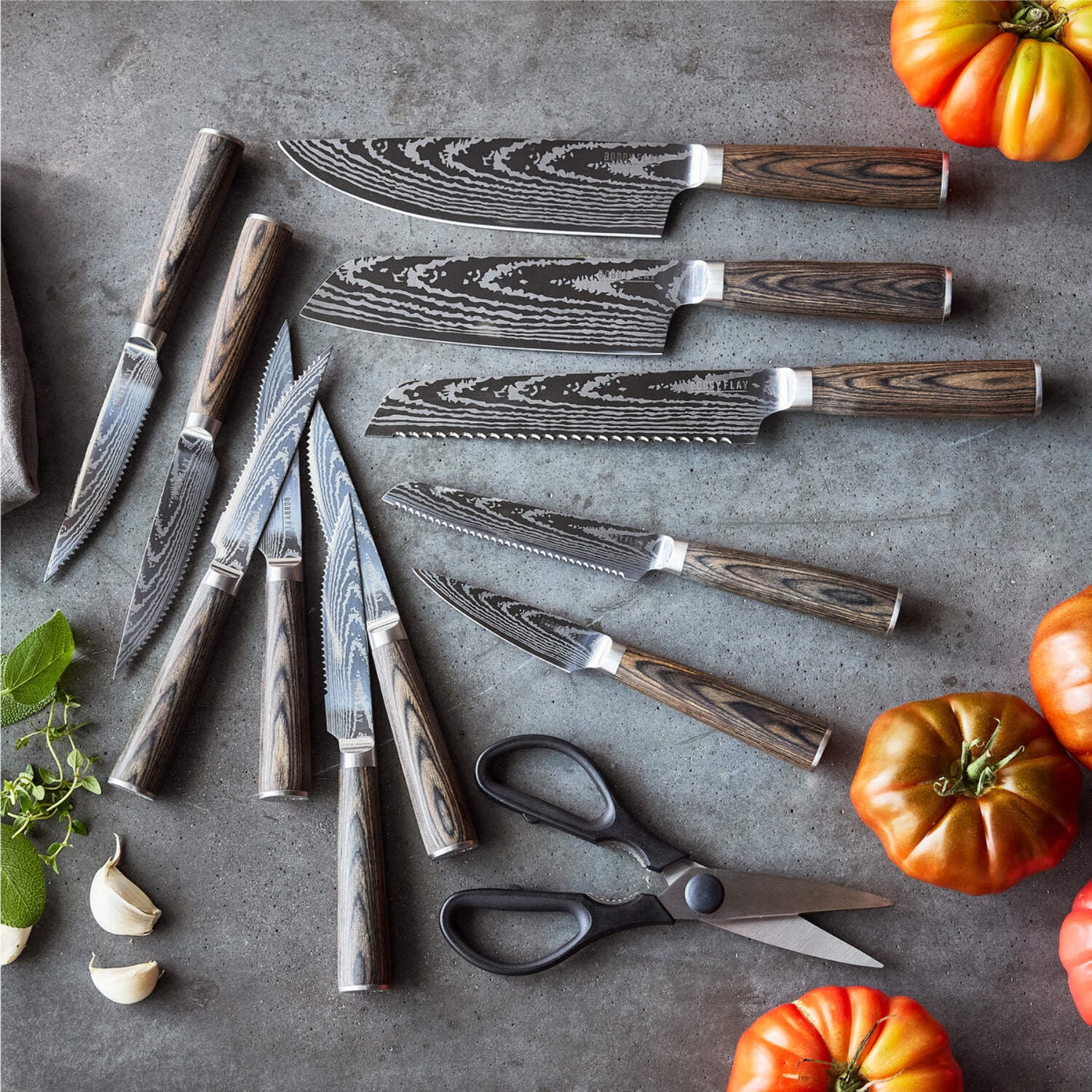GreenPan Bobby Flay 13 Piece Stainless Steel Cutlery Knife Block Set, Acacia Wood Block, Wood Handle