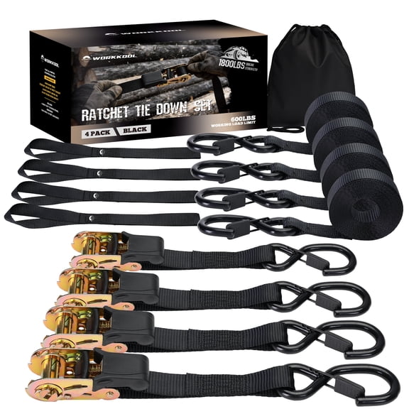 1" x 15' Heavy Duty Ratchet Strap with S Hooks, 1,800lbs Break Strength, 4 pack Retractable Tie Down for Trucks and Trailers