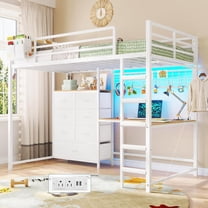 Aunfebrco Loft Bed with Desk and 7 Storage Drawers Twin Size Metal Loft Bed with LED Lights & Charging Station & Decorative Mesh with 6 Hook & Clothes Rail, White Loft Bed Frame for Bedroom