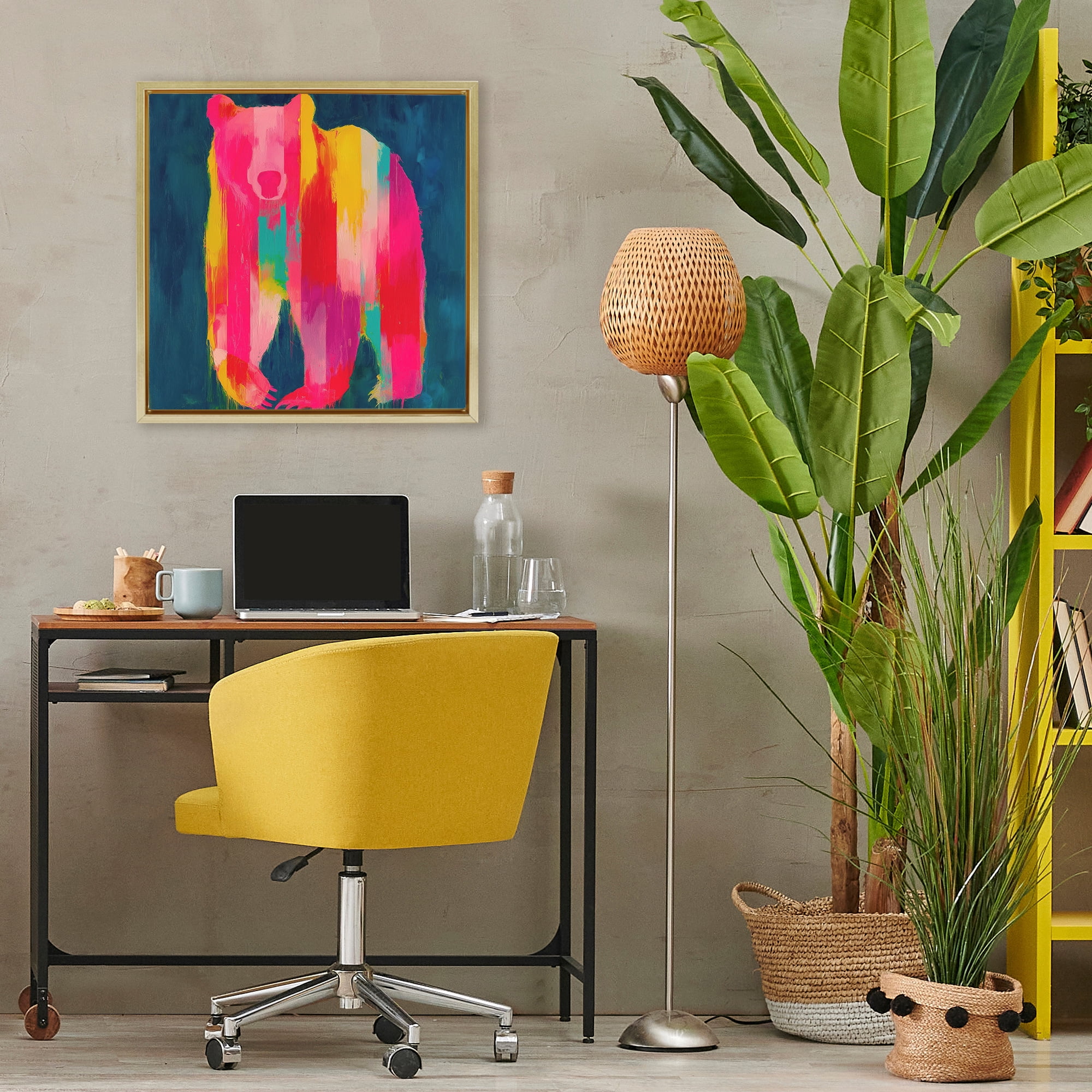 Stupell Industries Pink & Yellow Bear Standing Tall Gold Framed Floater Canvas Wall Art, design by Chromatic Storm Studio