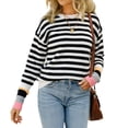 thumbnail image 3 of Suéter Informal de Cuello Redondo y Larga para Mujer, Jersey de Punto A Rayas A . Negro S, 3 of 10