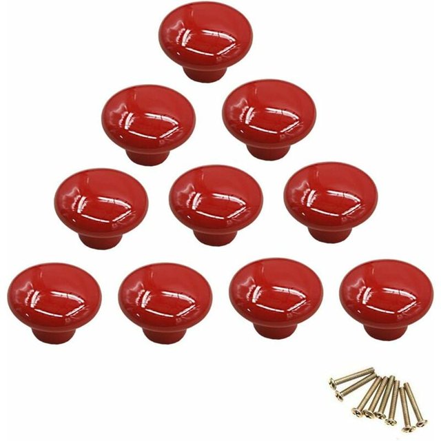 Red Ceramic Drawer Pulls and Knobs Furniture Handle Door Knob for Kids Room Pack of 10 (Comes with Screws)