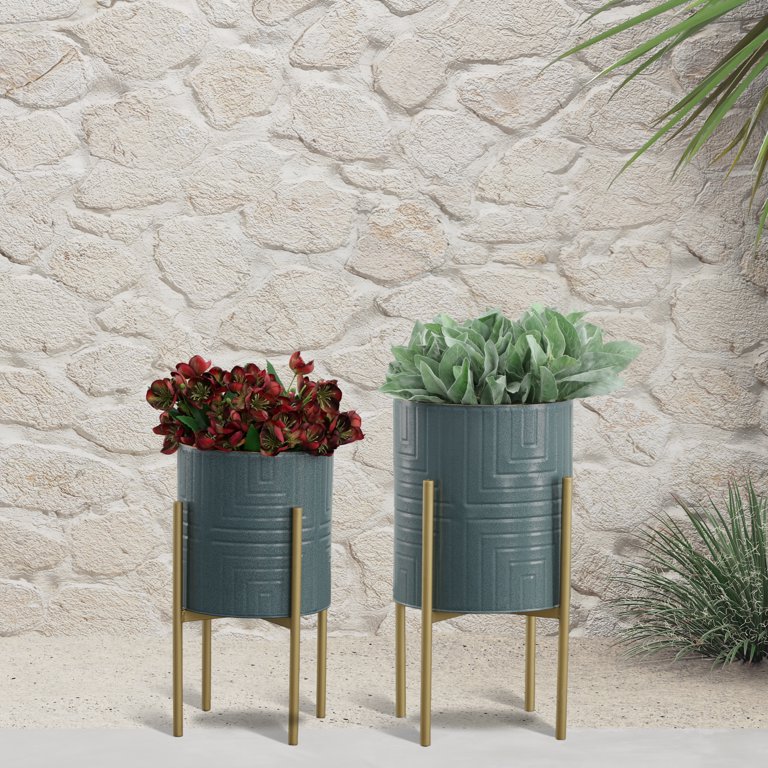 Sagebrook Home Set Of 2 Planter On Metal Stand, Slate Blue/Gold