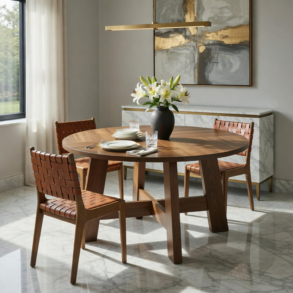 Hommoo 47 Inch Round Dining Table for 4-6 People, Modern Kitchen Table with Reinforced Cross Brace Base, Sturdy MDF Construction, Walnut