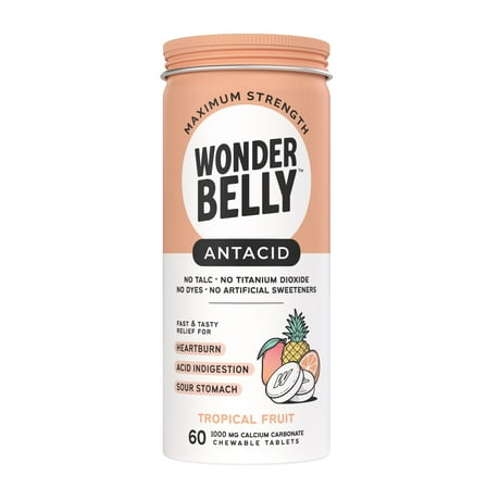 Wonderbelly Antacid Tablets for Heartburn Relief, Tropical Fruit Flavor, 60 Chewable Tablets