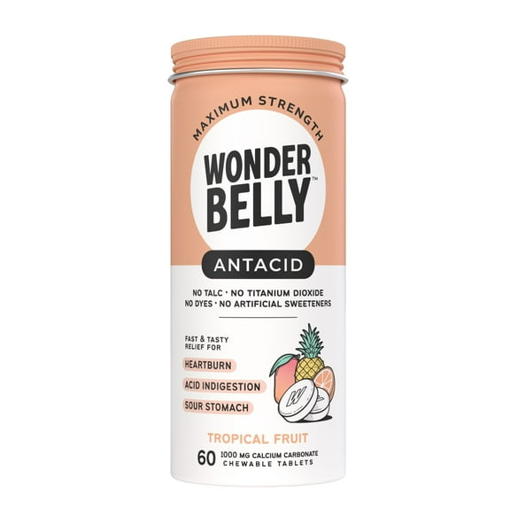 Wonderbelly Antacid Tablets for Heartburn Relief, Tropical Fruit Flavor, 60 Chewable Tablets