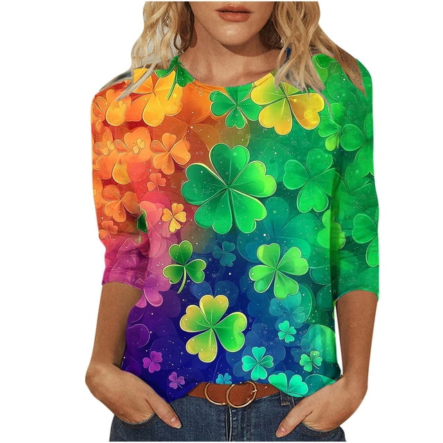 RXMEKW T-Shirt Imprimé pour Femmes à Manches 3/4 et Col Rond, Chemisier Décontracté Vert pour la Saint-Patrick et le Printemps