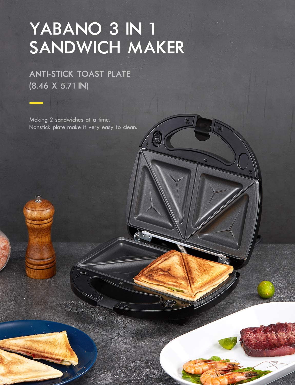 Breakfast Sandwich Maker, Oyajia 3 in 1 Non-Stick Panini Press for Office,  Home - Black 