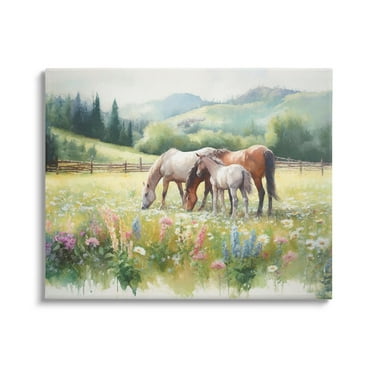 Stupell Industries Horses in Spring Meadow Animals & Insects Painting Gallery Wrapped Canvas Art Print Wall Art, 20 x 16