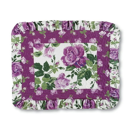 Floral Pillow Sham - Roseland Ruffled Pillow Sham with Purple Roses, Fresh Green Floral Pattern