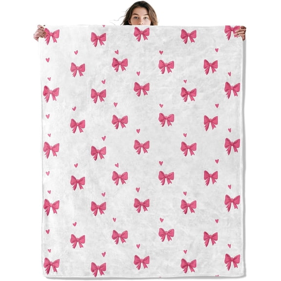 Bow Throw Blanket Soft Cozy Lightweight Flannel Blankets with Pink Ribbon and Heart Printed for Girls Bedroom Dorm Office Adorable Sweet Minimalist Decor Gifts 40x50 Inch