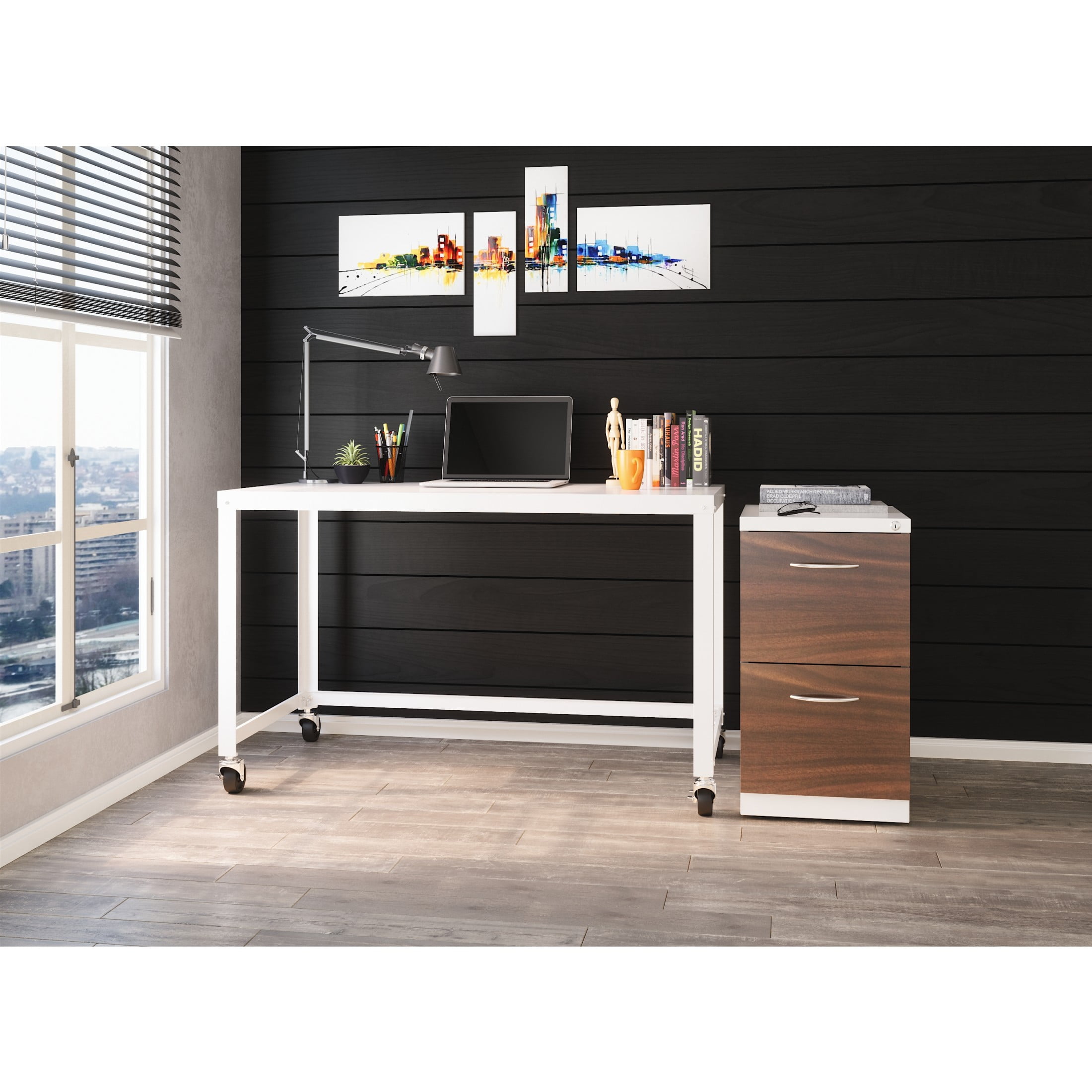 Hirsh 20" Deep Mobile Pedestal File Cabinet 2 Drawer File-File with Laminate Drawer Fronts & Seat Cushion, White/Walnut