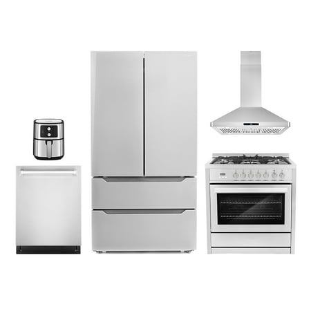 5 Piece Kitchen Package with 36  Freestanding Dual Fuel Range 36  Island Range Hood 24  Built-in Fully Integrated Dishwasher French Door Refrigerator & 5.5L Electric Hot Air Fryer