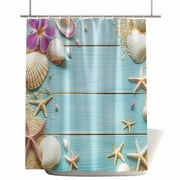 Shower Curtains for Bathroom-72"x72",Summer Beach Shell Starfish on Blue Wood Waterproof Bath Curtain Grommet Shower Curtain Set with Hooks,Coastal Marine Life Washable Bath Accessories