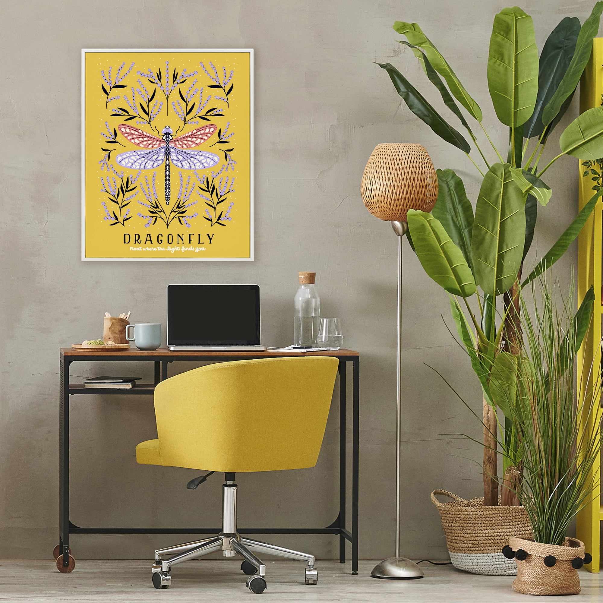 Stupell Industries Dragonfly Symmetry on Yellow White Framed Giclee Art, design by Indira Prieto | IndySign