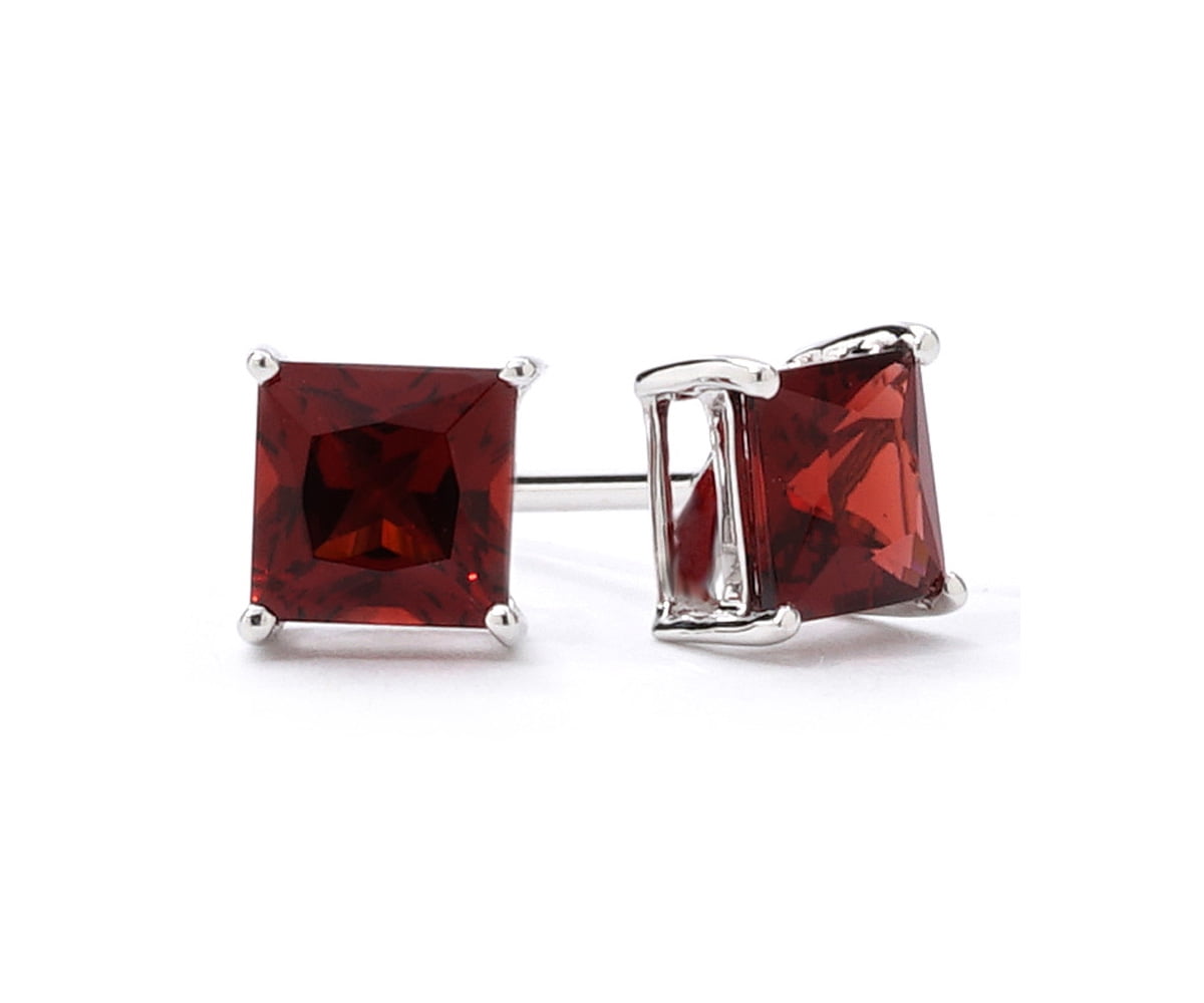 14k White Gold Plated Over Sterling Silver 3 Carat Square Created Garnet Sapphire Stud Earrings